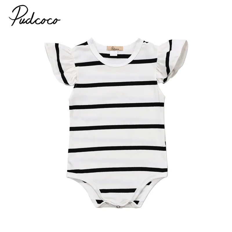 Toddler Infant Girls Bodysuit Round Neck Short Ruffle Sleeve Striped