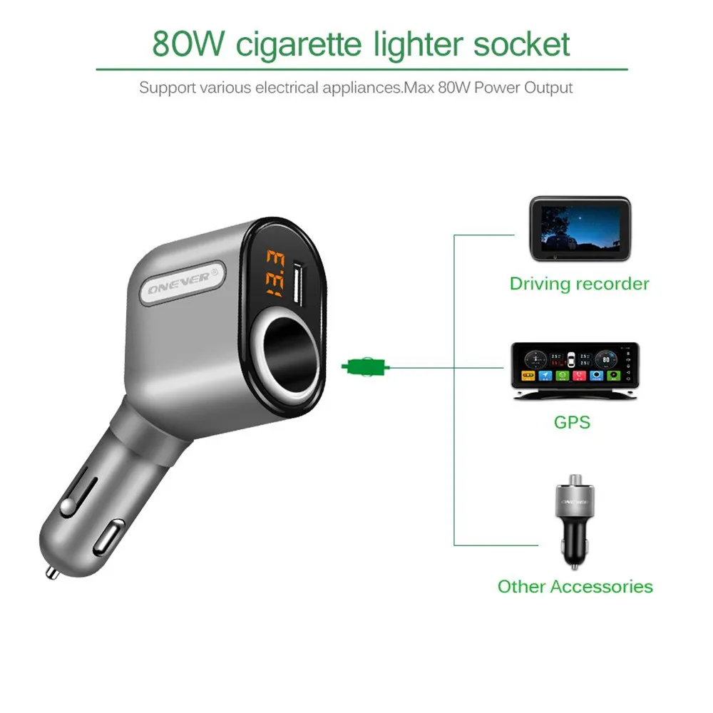 Onever DC 5 V 3 порта USB Автомобильное зарядное устройство прикуриватель гнездо отображение напряжения на светодиодном дисплее зарядное устройство с адаптером для gps, мобильных устройств