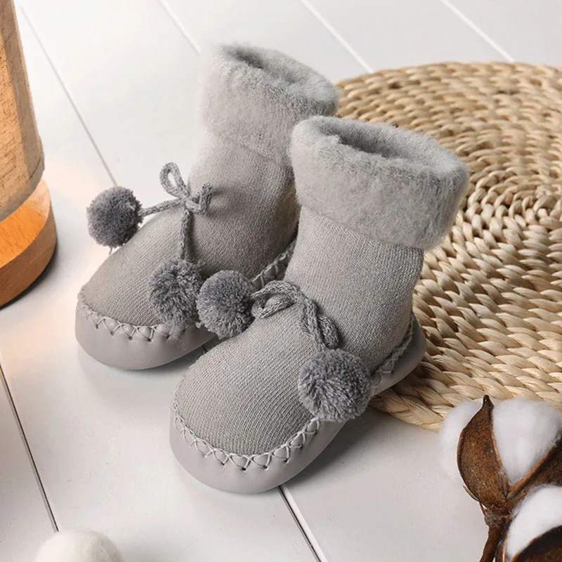 Осенне-зимние толстые теплые носки для малышей однотонные носки с помпонами для новорожденных мальчиков и девочек хлопковые махровые нескользящие носки-тапочки для малышей