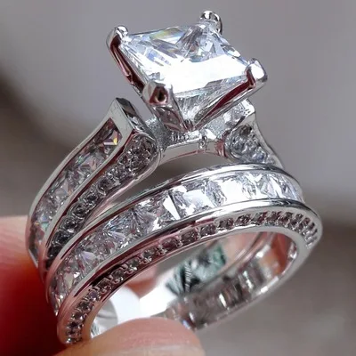 

2pcs Silver Double Big Rings Set Engagement for Woman Men Cubic Zirconia Ring Female Ladies Lover Party Wedding Couple Jewelry