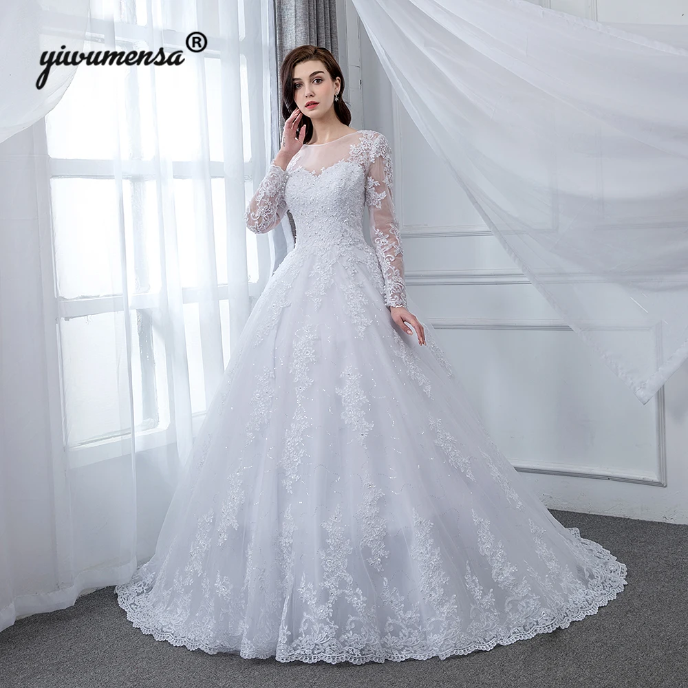 Robe De mariée 2018 с длинным рукавом бальное платье Свадебные платья Аппликации Scoop средства ухода за кожей шеи See Through Back Vestido de Noiva