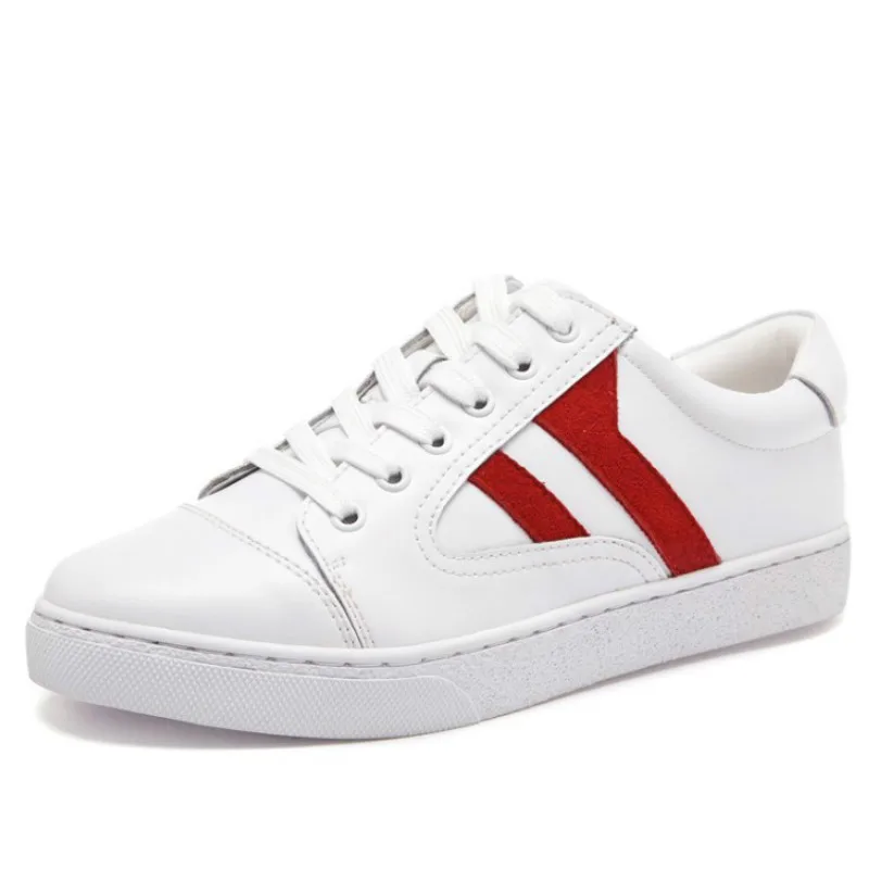 

women genuine leather white flat casual shoes 2017 red blue strips lace up fashion ladies spring summer comfortable drives flats