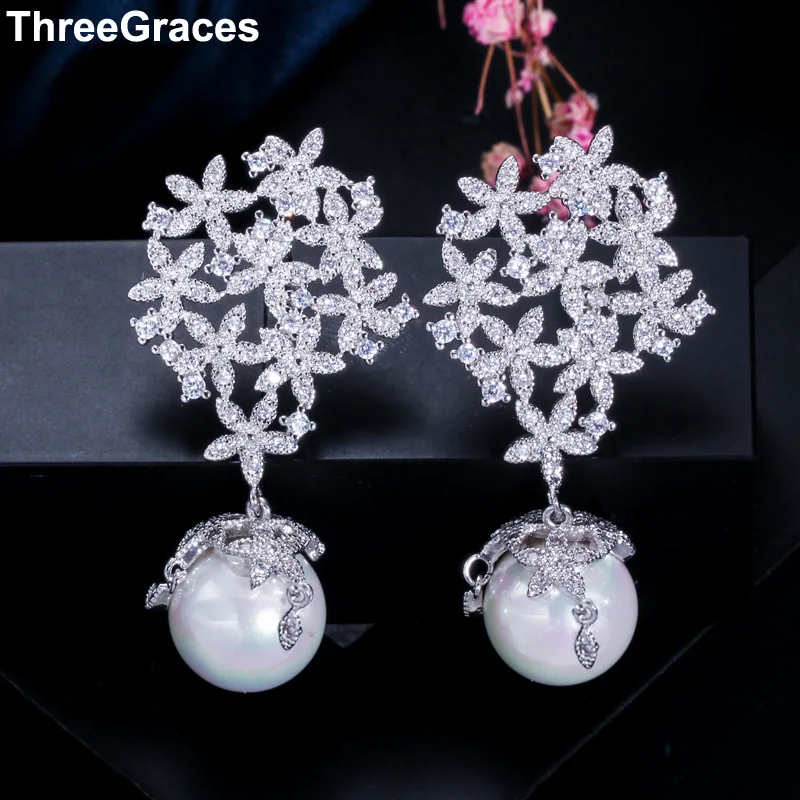 

ThreeGraces 925 Sterling Silver Cubic Zirconia Micro Pave Big Tree Long Dangle Drop Pearl Earrings Jewelry For Women Gift ER291