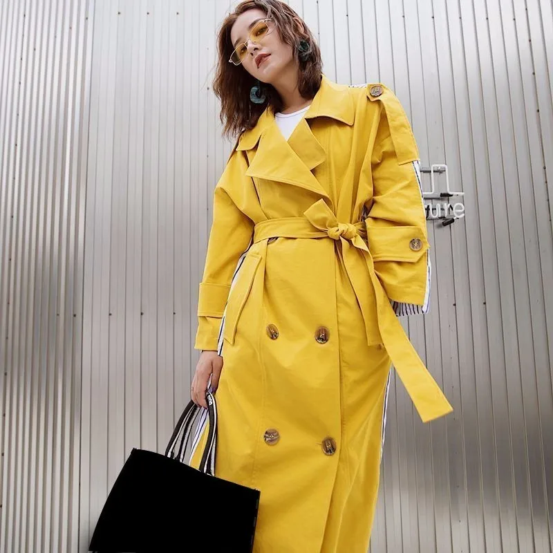 2019 Новое модное длинное пальто свободного кроя с отложным воротником, в полоску, в стиле пэчворк, с поясом, ветровка RE2448