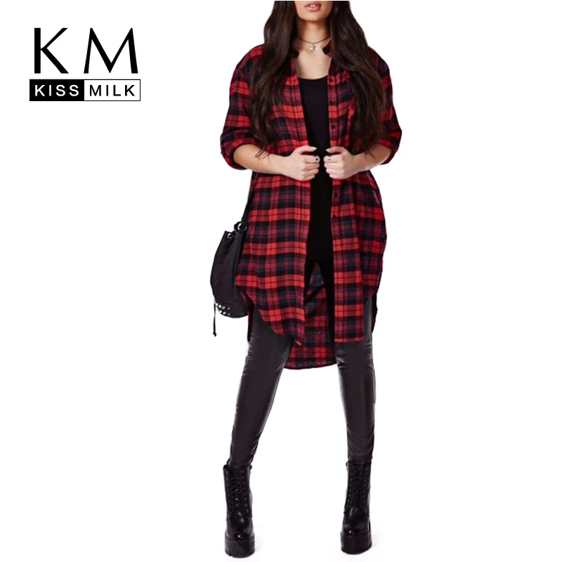 

Kissmilk Plus Size New Fashion Women Stepped Hem Button Down Long Sleeve Big Size Check Cotton Long Blouse 3XL 4XL 5XL 6XL