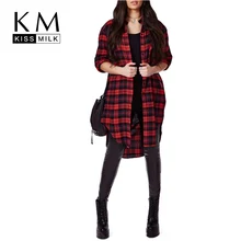 Kissmilk Plus Size New Fashion Women Stepped Hem Button Down Long Sleeve Big Size Check Cotton Long Blouse 3XL 4XL 5XL 6XL letter print stepped hem tee