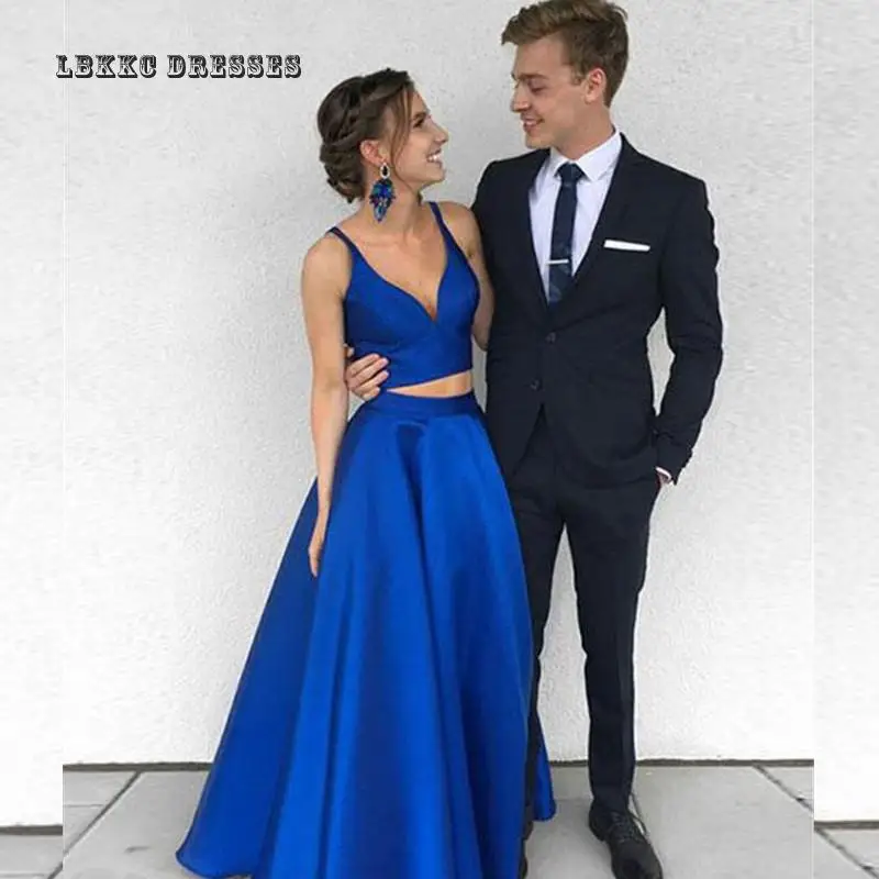

2 Piece Straps Royal Blue Satin Evening Dresses Long Party Prom Dresses Formal Gown Plus Size Robe De Soiree Vestido Longo 2019