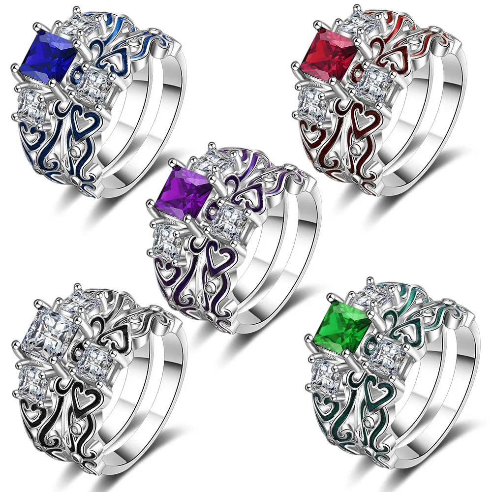 

925 anillos silver 2 piece Engagement couple women color crystal zircon heart fashion ring girl Love and shine emerald jewelry
