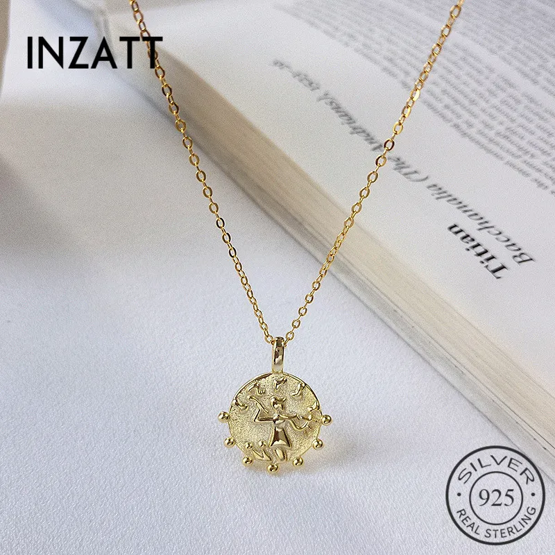 

INZATT Real 925 Sterling Silver Round Pendant Necklace For Charming Women Party Ethnic Emboss Fine Jewelry Trendy Accessories