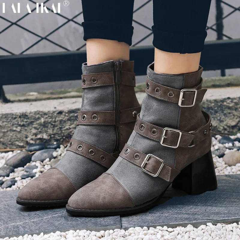 

LALA IKAI Ankle Boots For Women Winter Buckle Square Heels PU Flock Patchwork Boots Zipper Ladies Boots Femininas XWC2381-5