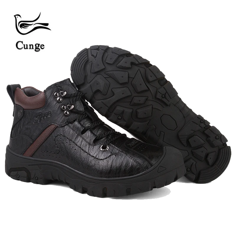 Cena Cunge mężczyzn czarne buty prawdziwej skóry pluszowe obuwie turystyczne wodoodporne buty utrzymać ciepłe wspinaczka camping piesze wycieczki buty buty trekkingowe zima