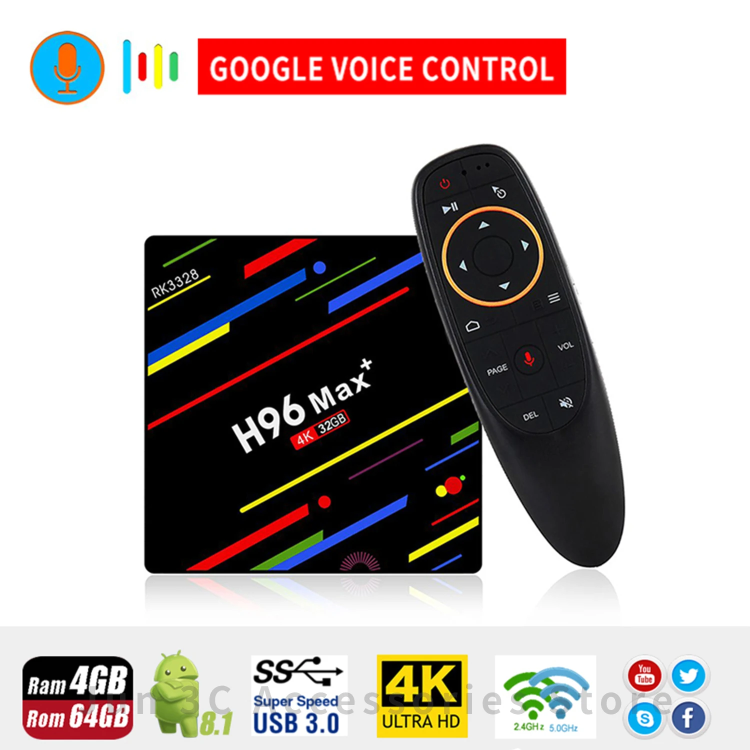 

H96 MAX Plus TV Box Android 8.1 32GB 64GB Smart Set Top Box RK3328 Quad Core 2.4/5G Wifi 4K Media Player Google Voice Control