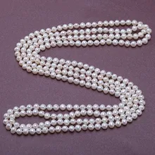 JYX длинное жемчужное ожерелье женское классическое 6,5 мм Натуральное белое круглое ожерелье из пресноводного жемчуга Бижутерия 63"