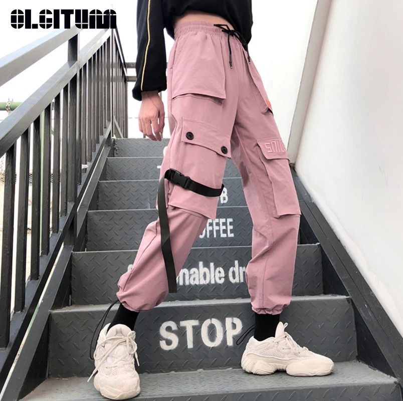 

Casual Spring Cargo Pants Women 2019 Streetwear Embroidery Pink Big Pocket High Waist Loose Pants Female Trousers