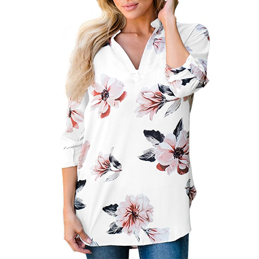 

Female Long Shirts 2017 New Floral Print Blouses Autumn Blouses Women Casual V Neck Loose Blouses Oversized Femme Blusas Gv955