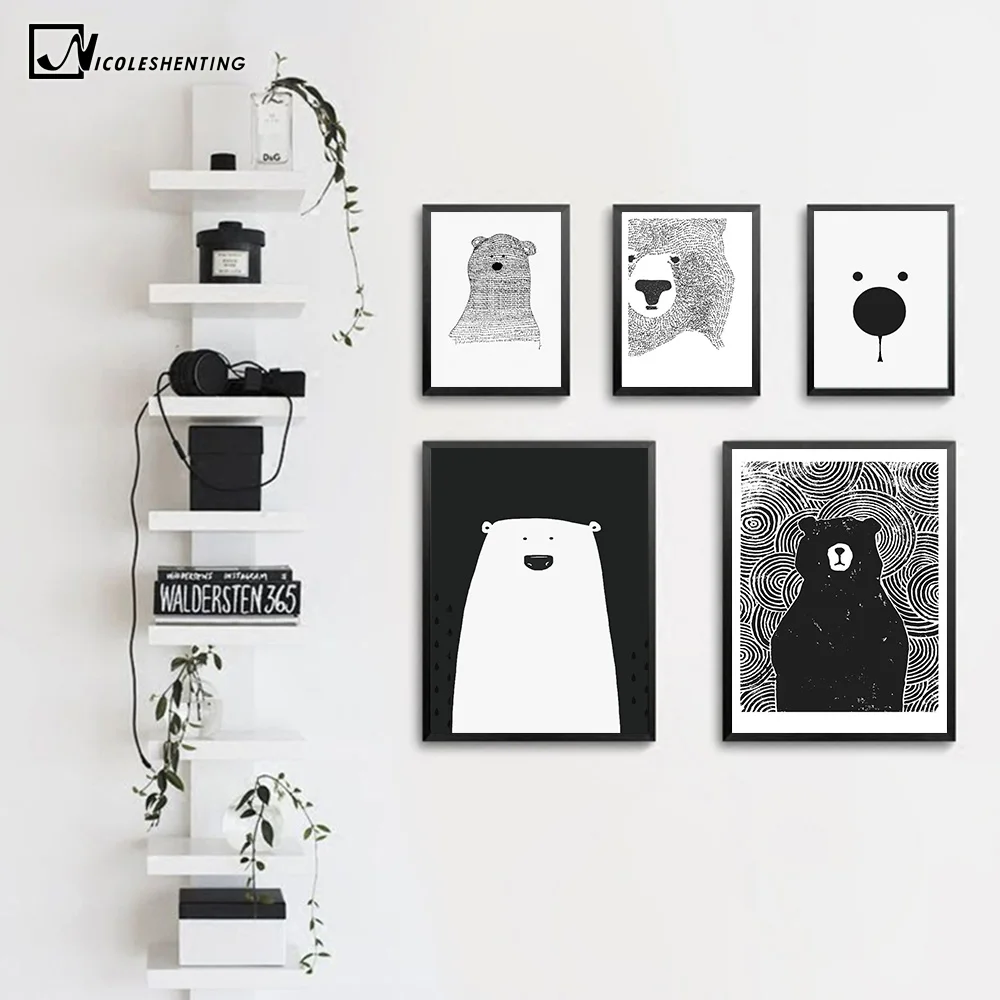 Белый медведь мультфильм животных Nordic Книги по искусству Холст плакат минималистский печати черный, белый цвет стены картина современного дома детская комната украшения