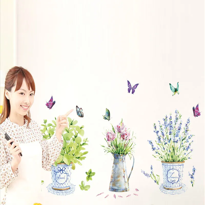 DIY настенные наклейки Home Decor горшках цветочный горшок бабочка кухня оконное