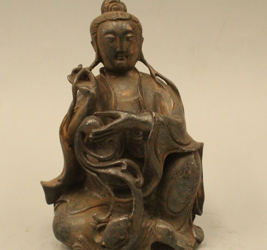 

6" Chinese Buddhism Bronze Kwan-yin Guan Yin Goddess cyprinoid Statue Sculpture