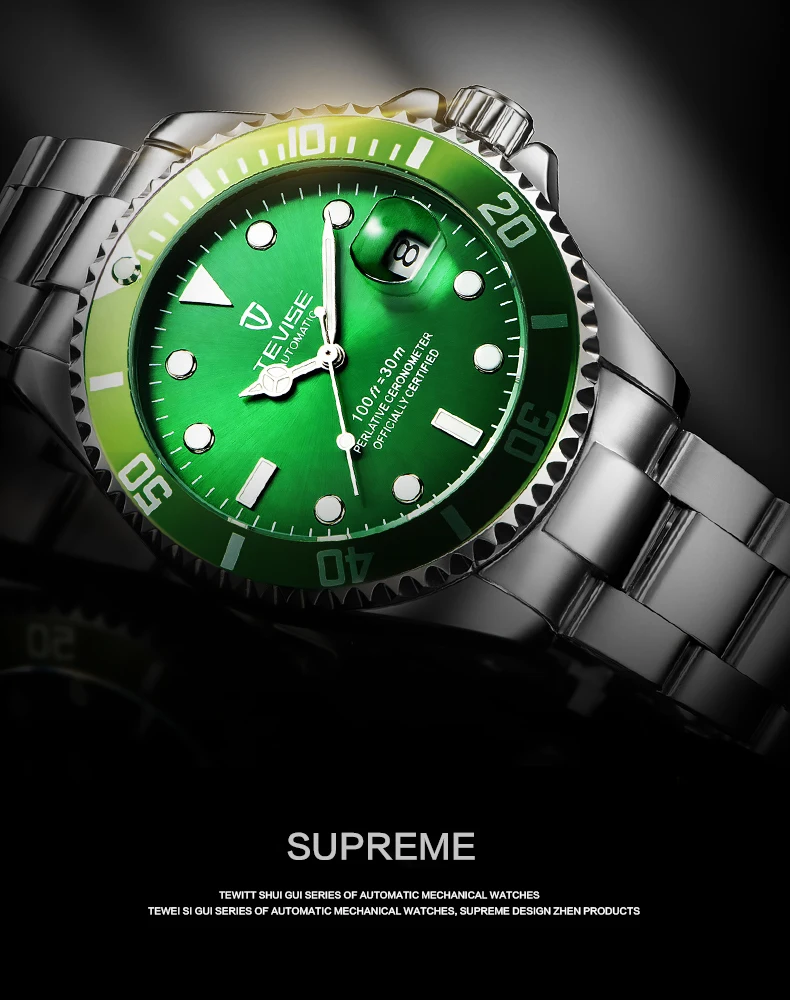 

2018 Top Luxury Tevise Brand Men Mechanical Watch Automatic Role Fashion Hombre Waterproof Bussiness Submariner Mael Masculino