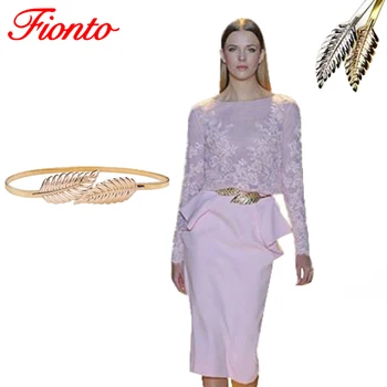 

FIONTO Vintage Women Belt Leaf Design Clasp Front Stretch Metal Skinny Elastic Waist Dress Ceinture Cinturones Gold Silver A151