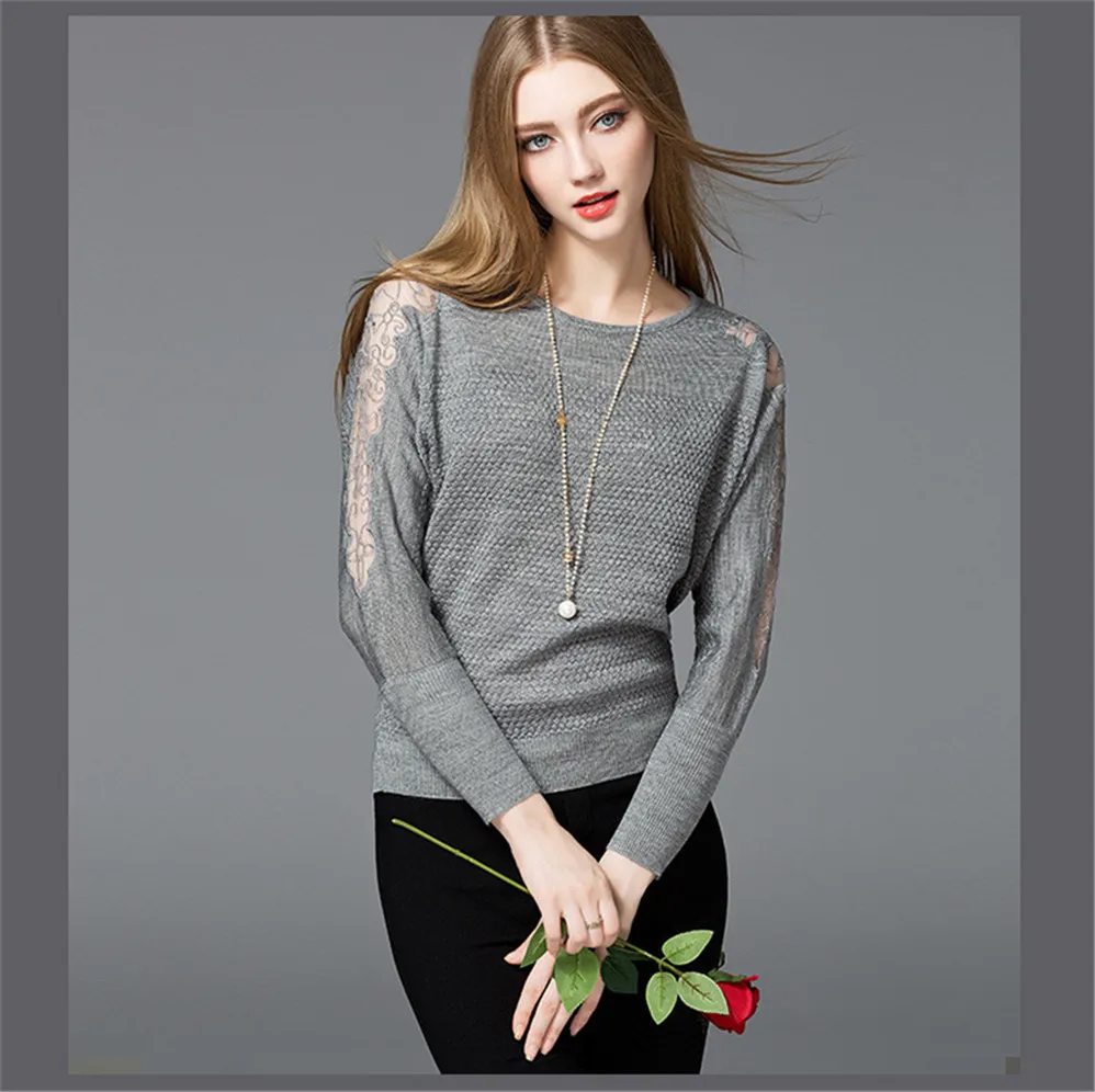Autumn Lace sleeve Sweater T shirt for women 2017 knitted pullover sweater T shirt Women winter warm knitting sweater shirt (14)