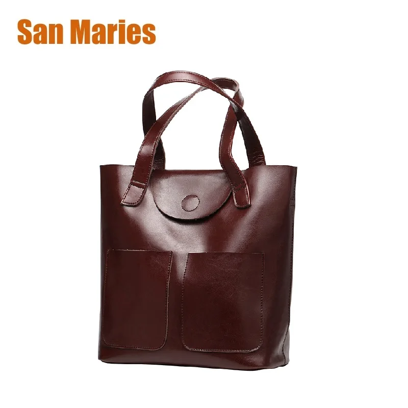 

San Maries Female Shoulder Bag Women Big Handbags Famous Brand Oil Wax Cow Leather Retro Vintage Style Shopping Tote Outlet 2018