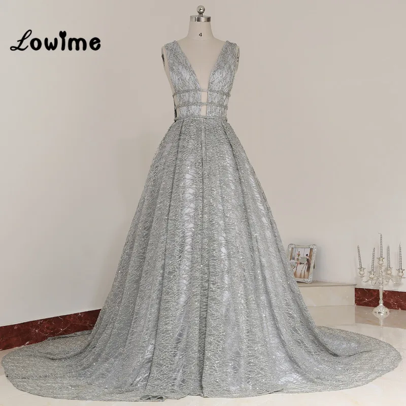 Luxury Silver Evening Dress Deep V neck Sexy