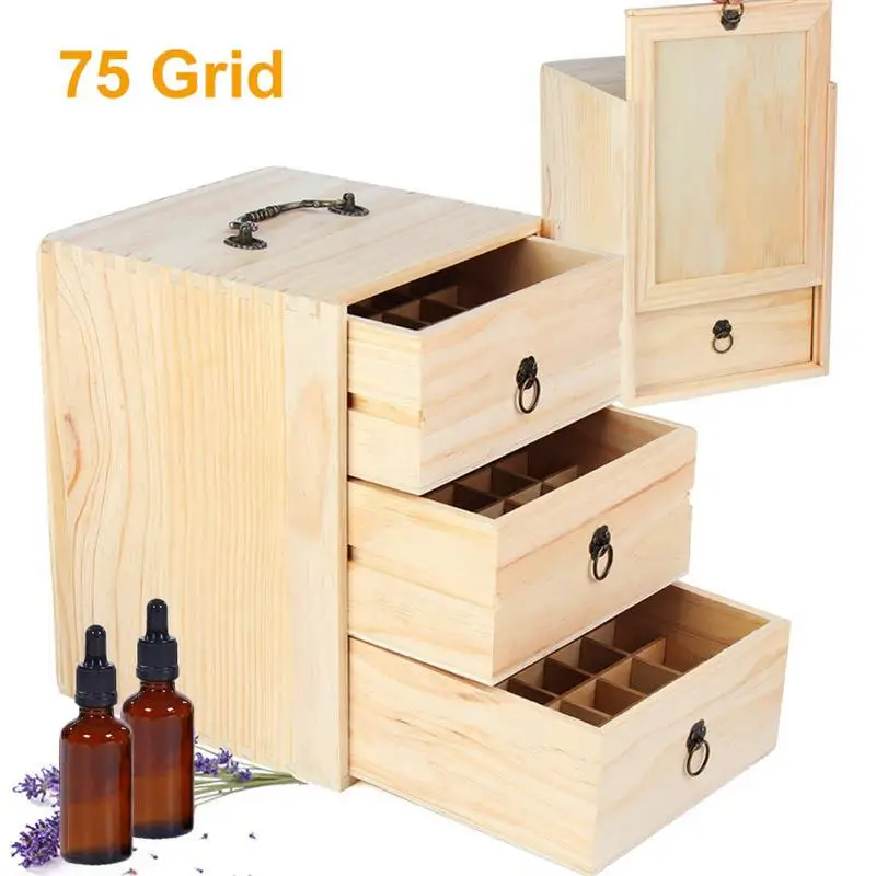 

75-Grid Wooden Drawer Storage Essential Oil Box Detachable SPA YOGA Club Aromatherapy Natural Wood Bottle Boxes Case Organizers