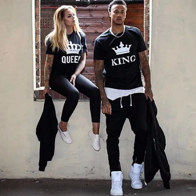 US $5.30 2019  Funny KING QUEEN Letter Printed Black Tshirts OMSJ Summer Casual Cotton Short Sleeve Tees Top