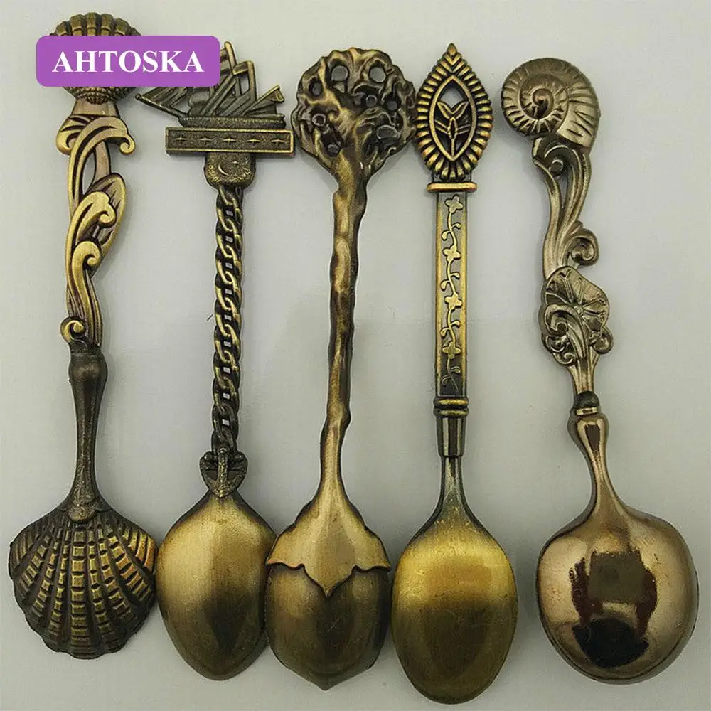 AHTOSKA 5 Шт./лот Модная Ложка Королевский Стиль Бронзовый Резный Малый Для Кофе