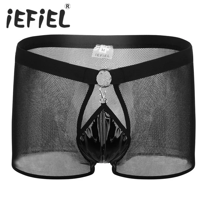 

New Sexy Mens Lingerie See Through Fishnet Breathable Mesh Low Rise Boxer Underwear Sissy Panties with Open Front Pouch