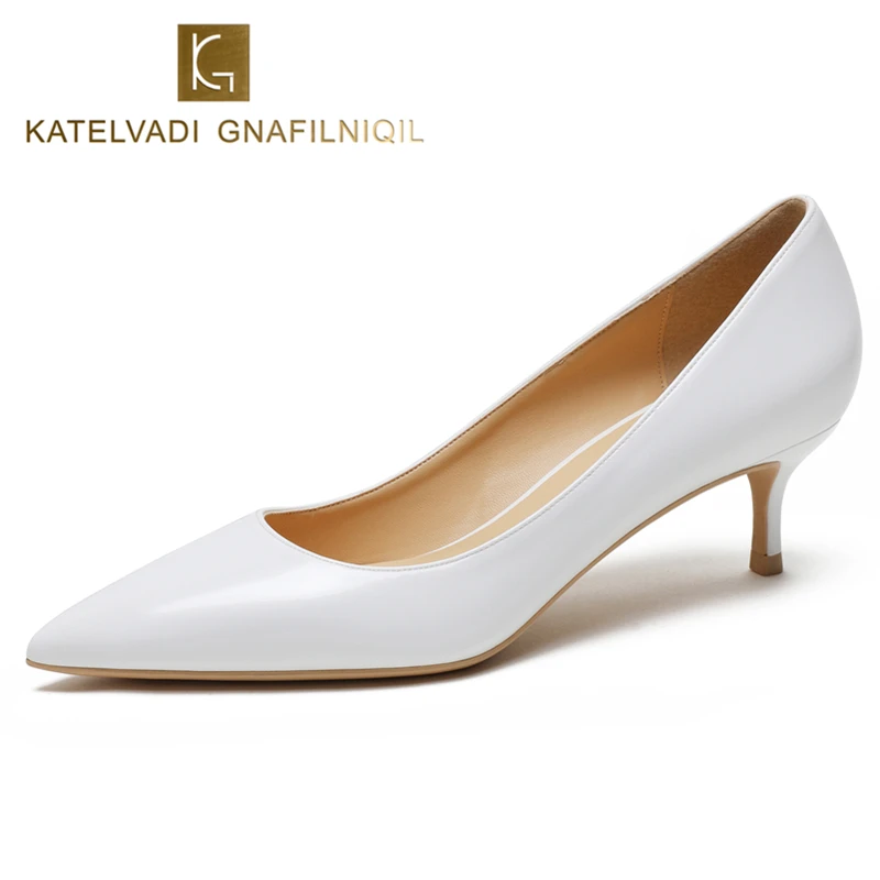 KATELVADI Office Lady Shoes Women Pumps White Patent Leather Fashion Ladies Pumps 5CM Med Heel Shoes For Women,K-322