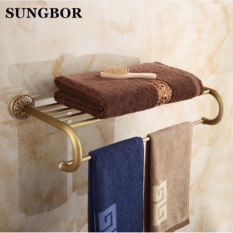 European style Antique Brass Wall Mount Bath Towel Rack Bathroom Towel