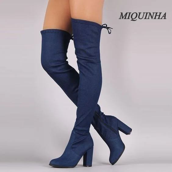 Hot selling Women stylish sexy dark blue denim boots over-the-knee chunky high heel zipper boots distressed round toe long boots