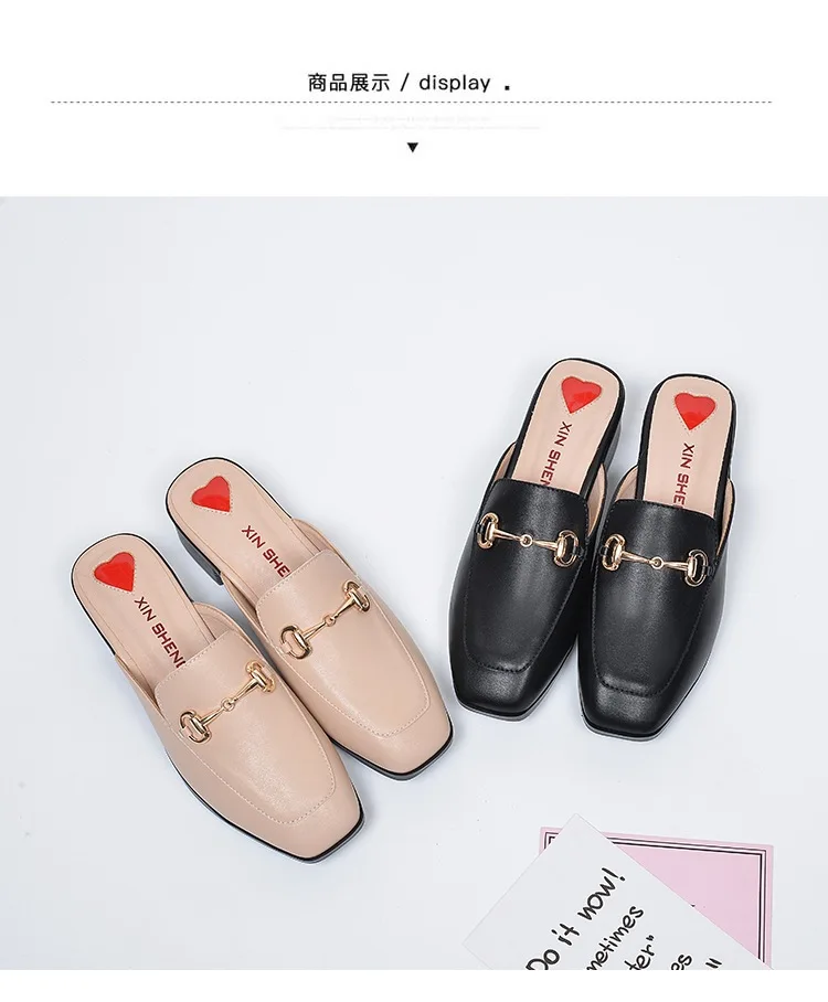 Summer Fashion Genuine Leather Mules Block Heels Shoes Woman Slipper Modis Black Casual Shoes Women Ladies Sliders Female