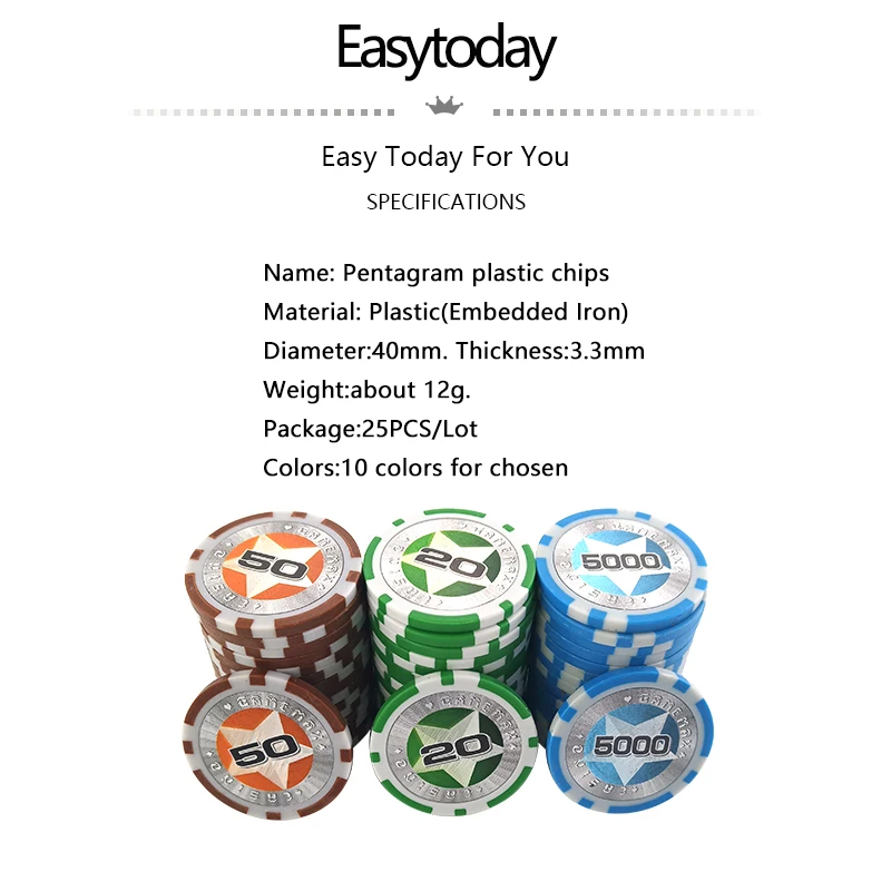 Easytoday 25Pcs/set Plastic Poker Chips Set Clay Baccarat High Texas Hold'em Standard Entertainment Games Poker Chips 