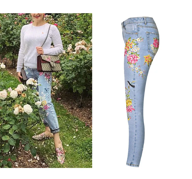 2017 Europe and the United States women's 3D three-dimensional heavy craft bird flowers front and rear side embroidery high waist straight irregular wear jeans (5)