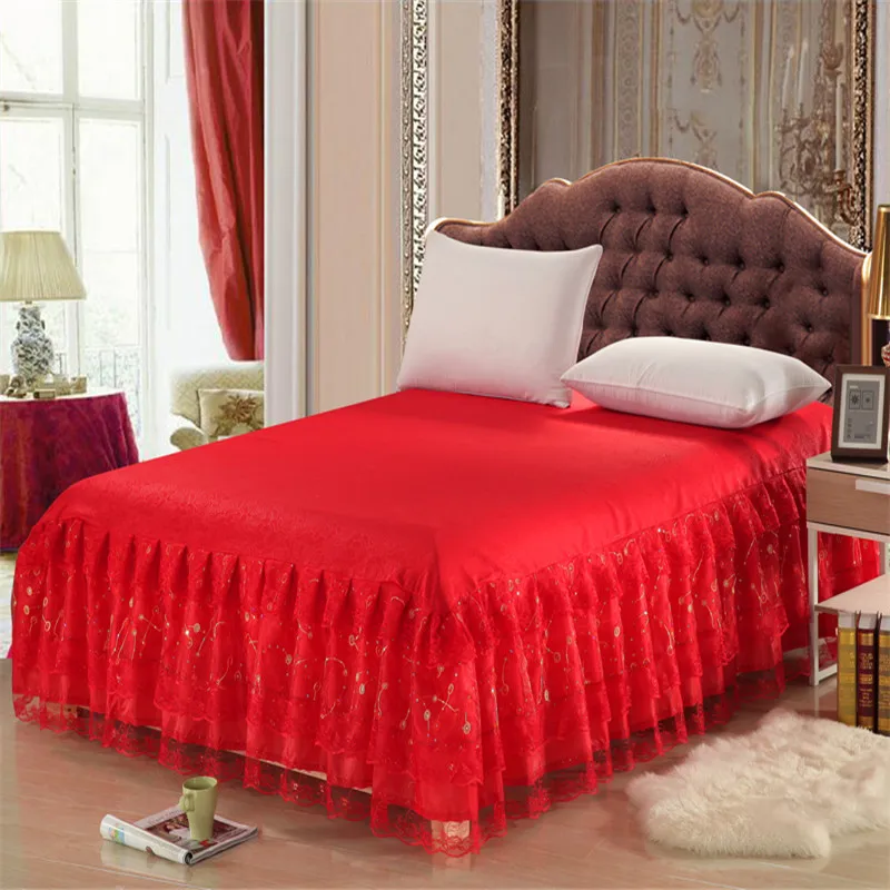 

Bed skirt ruffle lace bedspread polyester exquisite lace design for good quality dry and breathable red color saia de cama