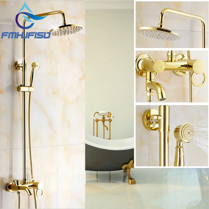 

Bathroom Shower Set Golden Polish Rainfall Shower Faucet 8 inch Shower Head Handheld Shower Mixer Tap Cold and Hot Water Faucet