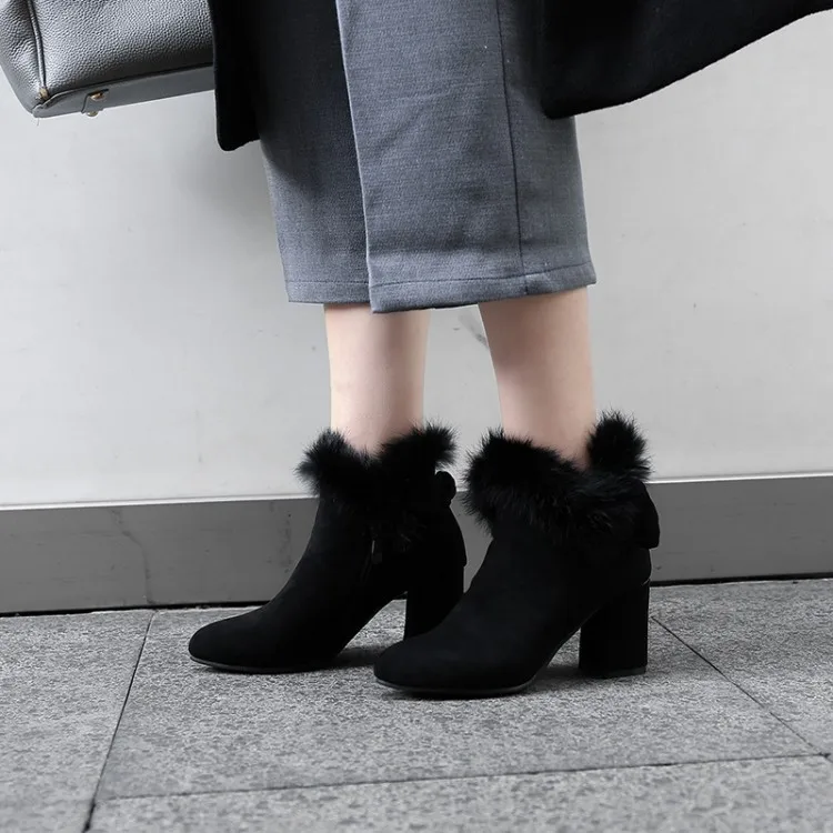 Womens Pointed Toe Booties Shoes Korean Bow Thick High Heel Large Size Fashion Ankle Boots Black Khaki Grey25