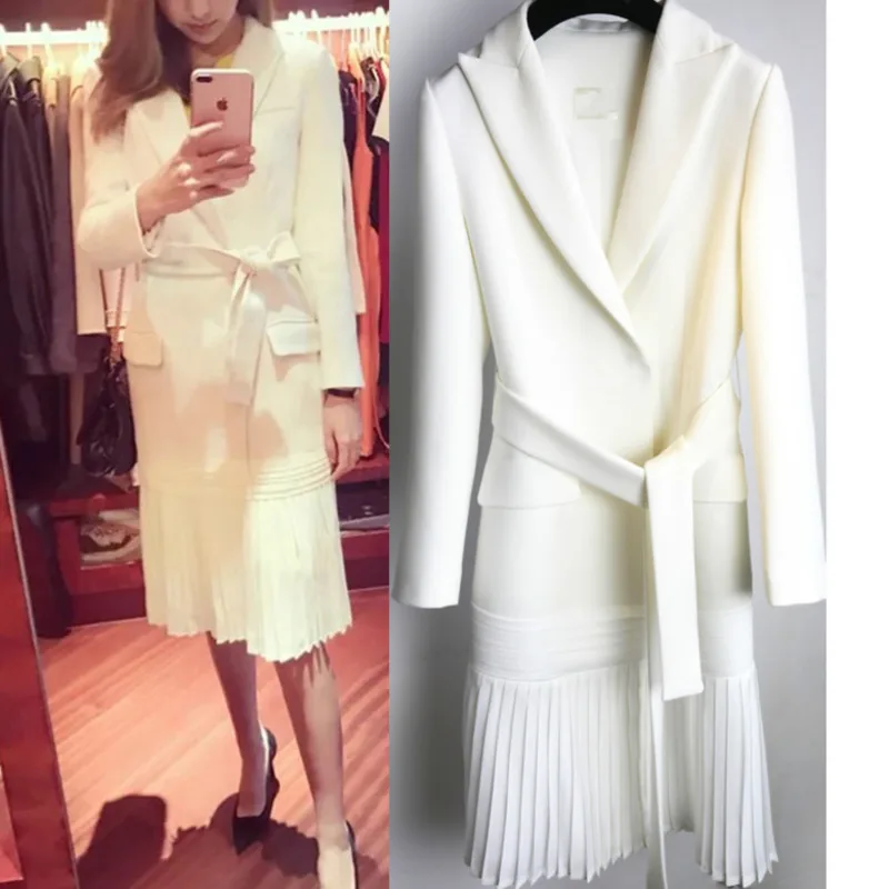 

2019 new fashion women clothes turn-down collar full sleeve sashes open stitch pleated bottom