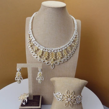 

Yuminglai African Jewellery Dubai Costume Jewelry High Quality Two Tones Cubic Zircon Jewelry Set for Women FHK5268