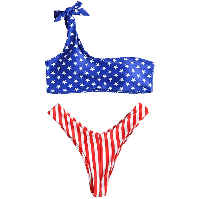 ZAFUL One Shoulder Bikini Patriotic American Flag Thong Bikini Set