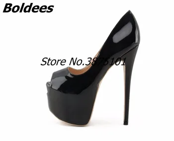

Boldees Nude Patent Leather Women High Heels Pumps 16CM Peep-toe Super Stiletto Heel Slip-On Platform Shoes Big Real Shot Photos
