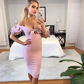 

2018 New Style Fashion Bow Strapless Bandage Dress Summer Spaghetti Strap Bodycon Black Red Elegant Night Out Dresses Vetidos