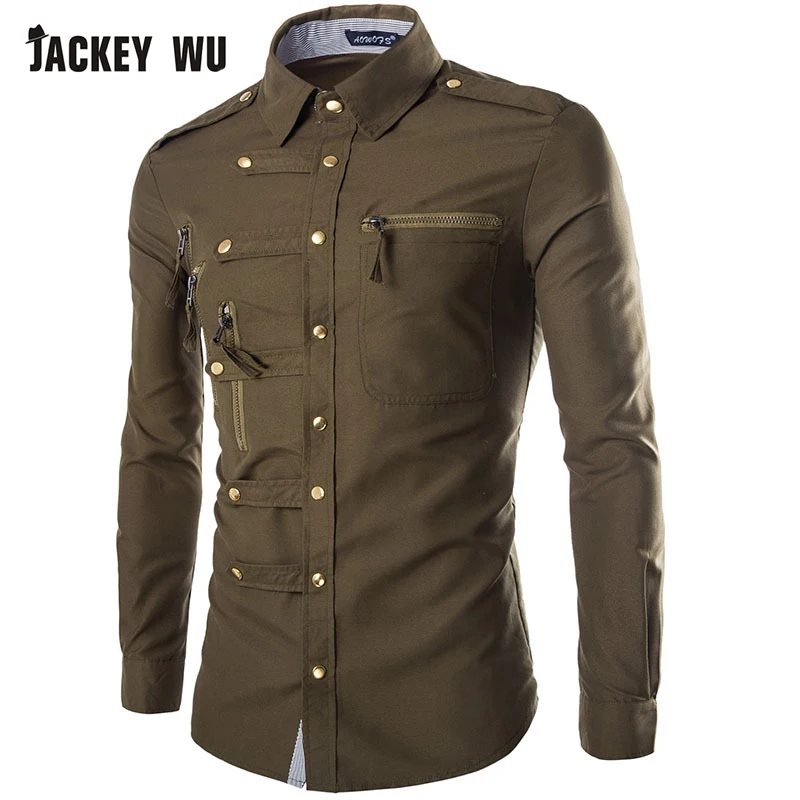JACKEYWU Повседневная рубашка для мужчин Мода 2019 г. Британский мульти молния сплошной цвет с длинным рукавом Тонкий хлопок комбинезоны для