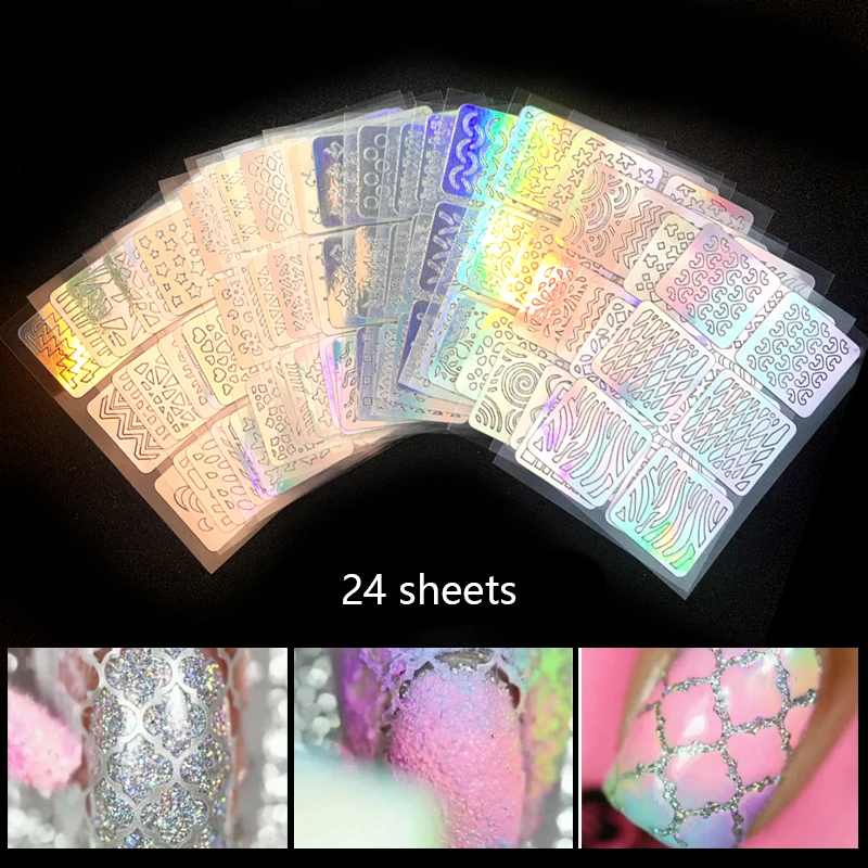 Дизайн ногтей наклейки 3D Полые лазерные наклейки трафарет передачи Совет бумага УФ гель лак изображение фольги Руководство Шаблон Набор для печати инструмент - Цвет: 24 Patterns
