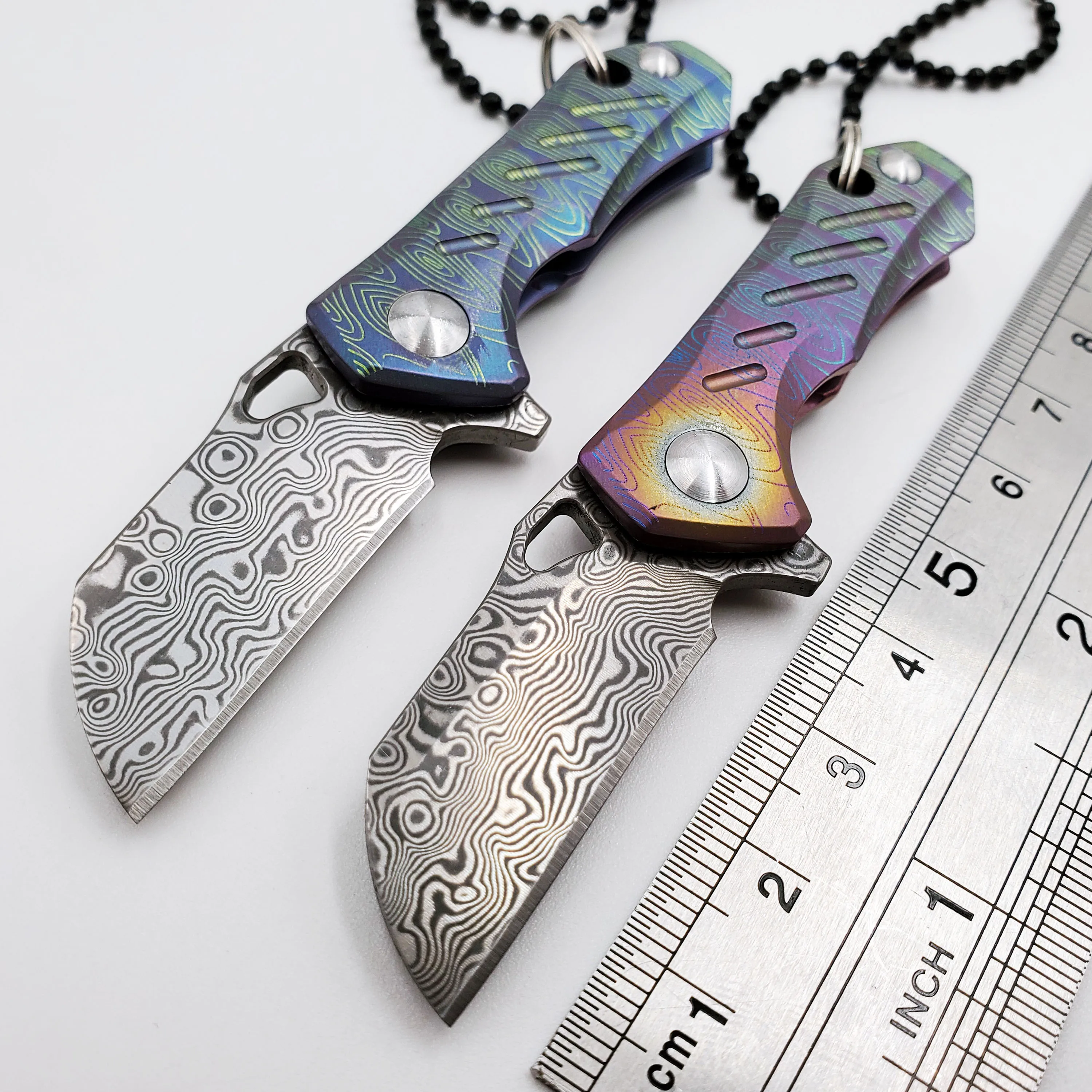 

Folding Knife Damascus Blade Titanium Handle Bearing Pocket Knives Key pendant Necklace Survival Hunting Camping Mini EDC Tools