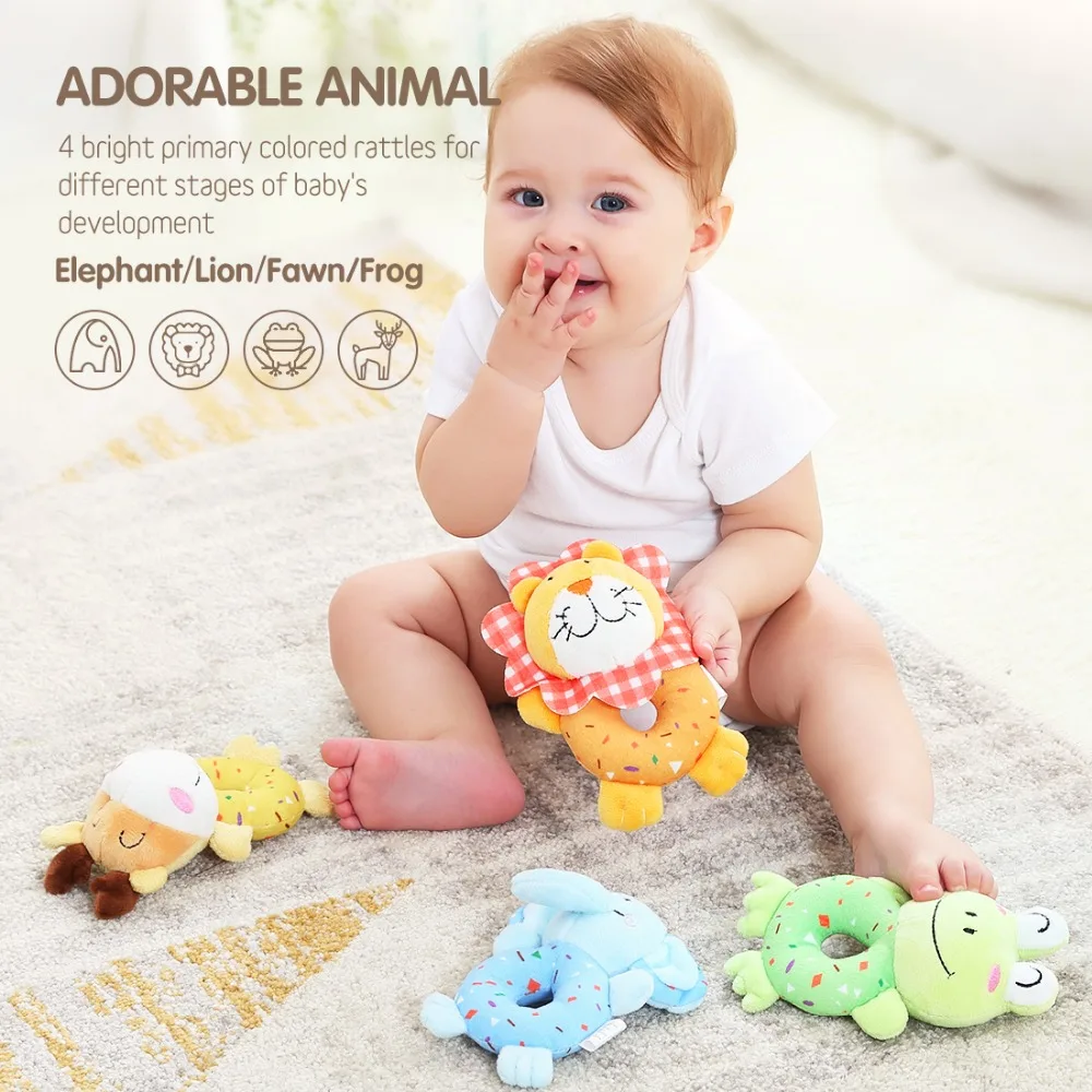 4pcs/set Baby Plush Rattle Cartoon Deer Lion Ring Bell Hand Grasp Toys Mobile Infant Crib Dolls Musical Toy Kid Educational Toy 