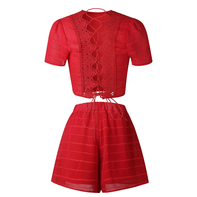 ForeFair Hollow Out Lace Backless Sexy Jumpsuit Romper Women Summer Two Piece Lace Up Playsuits Autumn Overalls for Women